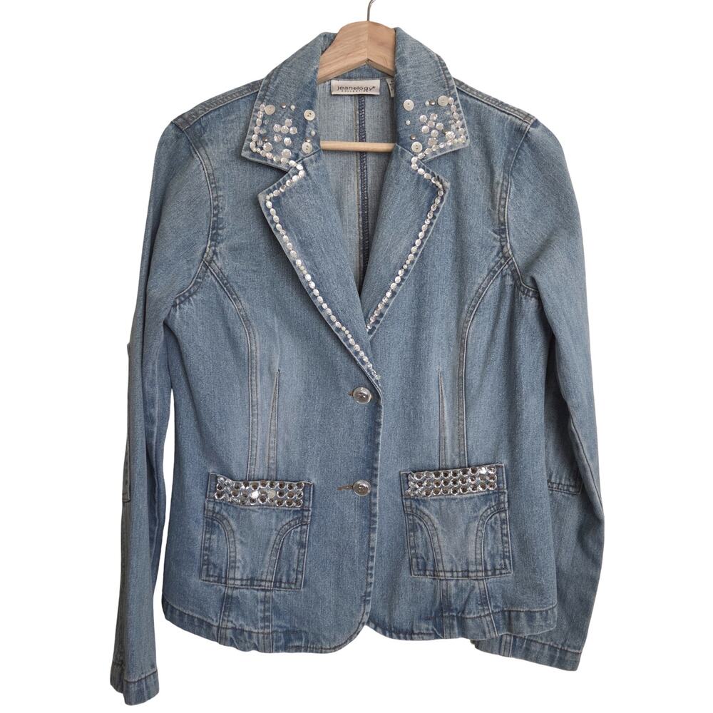 Jeanology Vintage Sz 12 Bedazzled Denim Jean Jacket Elbow Patches Cotton Y2K 90s